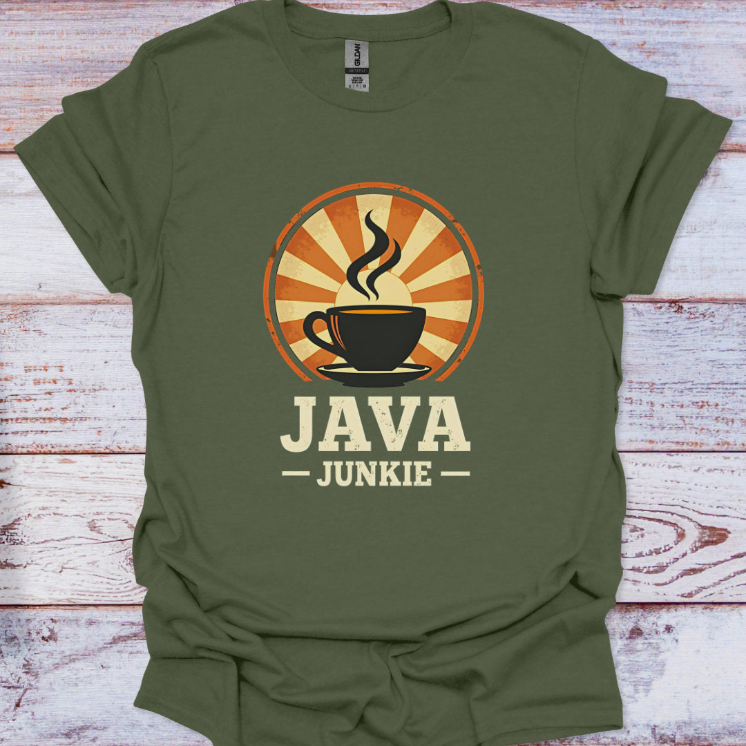 Green t-shirt with 'JAVA JUNKIE' graphic on a wooden surface
