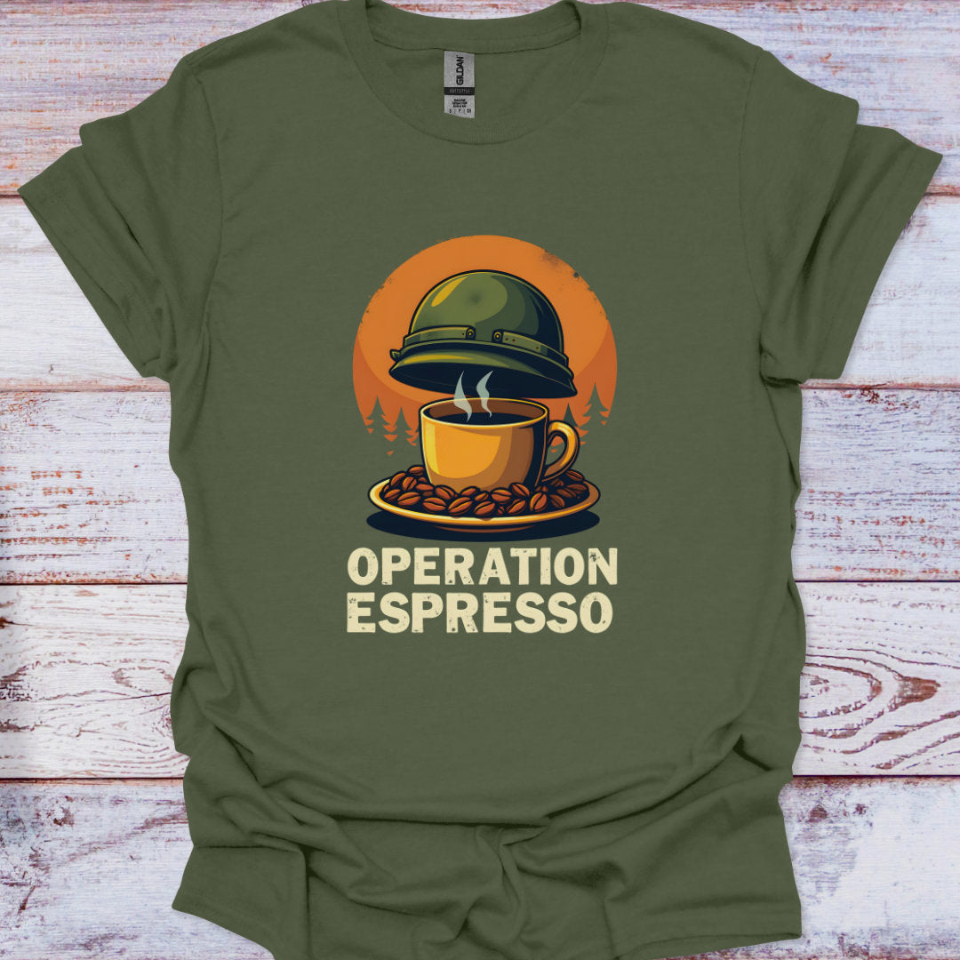 Green t-shirt with 'Operation Espresso' graphic on a wooden surface