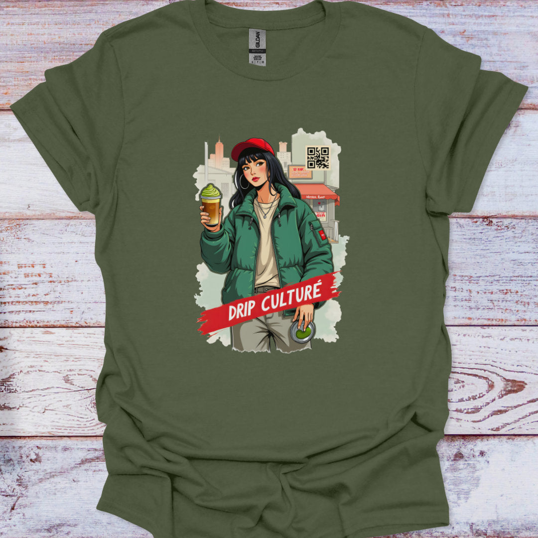 Green t-shirt with a graphic of a woman holding a drink and a 'Drip Culture' sign on a wooden surface.