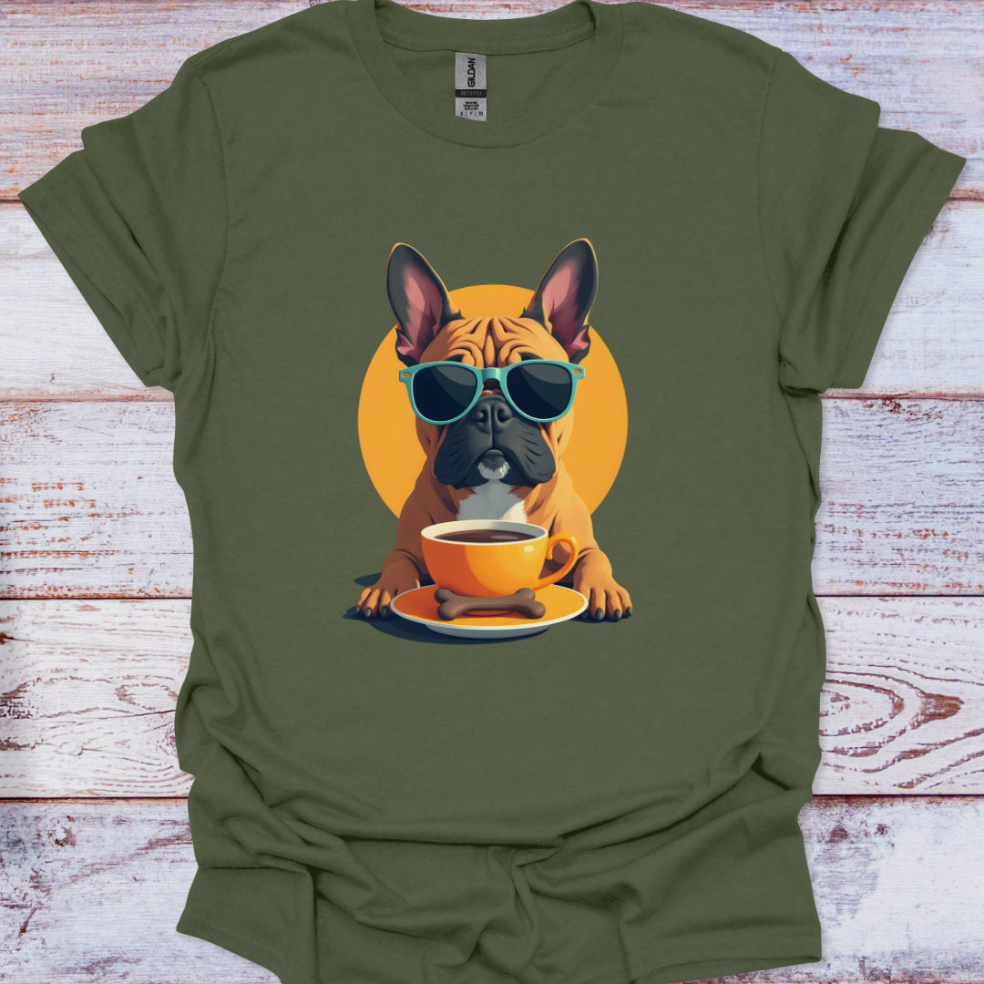 Green t-shirt with a graphic of a dog wearing sunglasses and drinking coffee on a wooden surface
