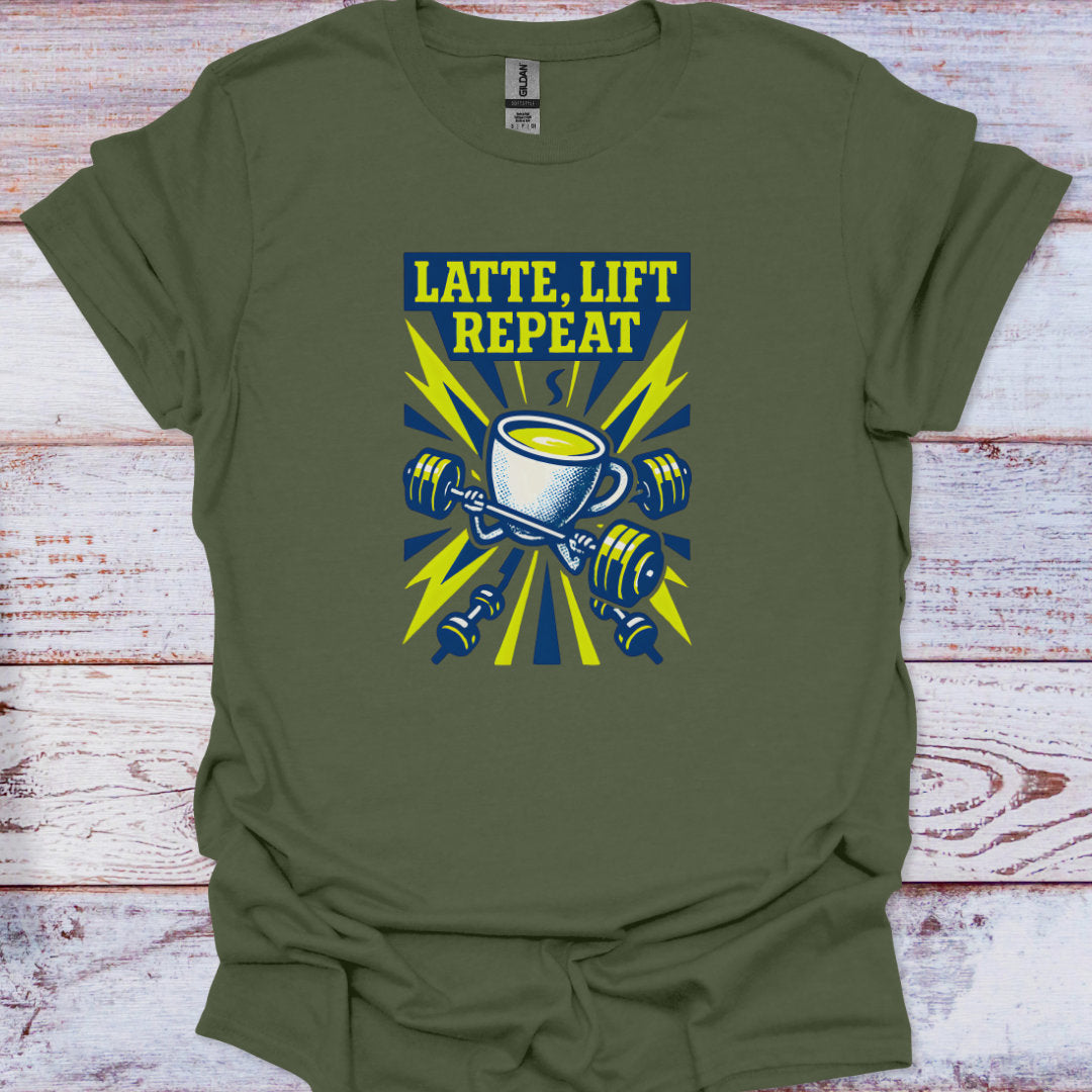 Green t-shirt with 'Latte, Lift Repeat' graphic on a wooden surface
