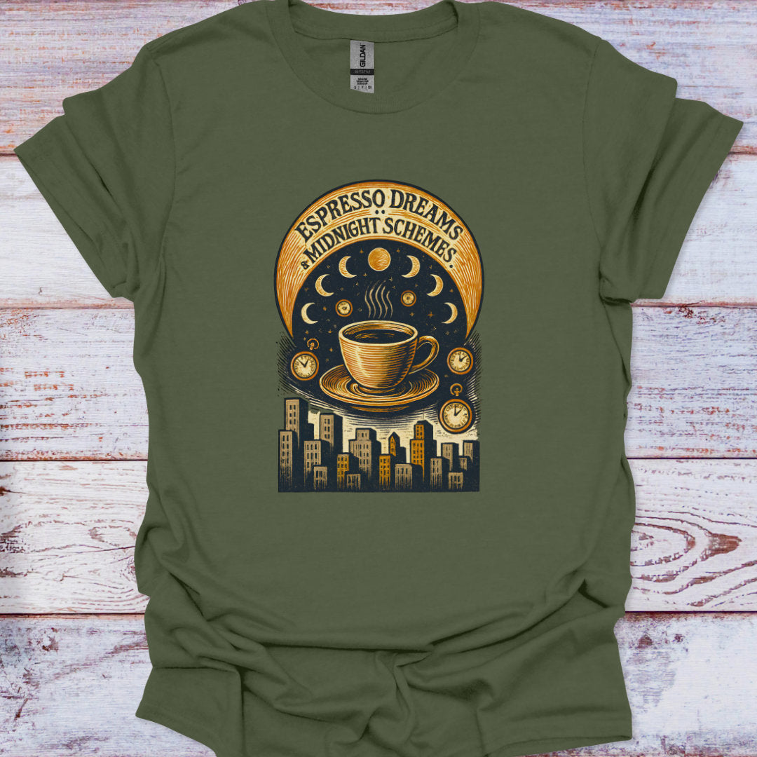 Green t-shirt with a coffee-themed graphic design on a wooden surface