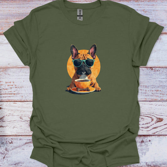Military Green apparel with a cross-niche design: Brindle Frenchie in sun glasses with an orange coffee cup graphic.