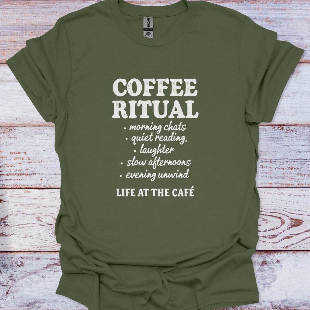 Green t-shirt with text 'Coffee Ritual' on a wooden surface