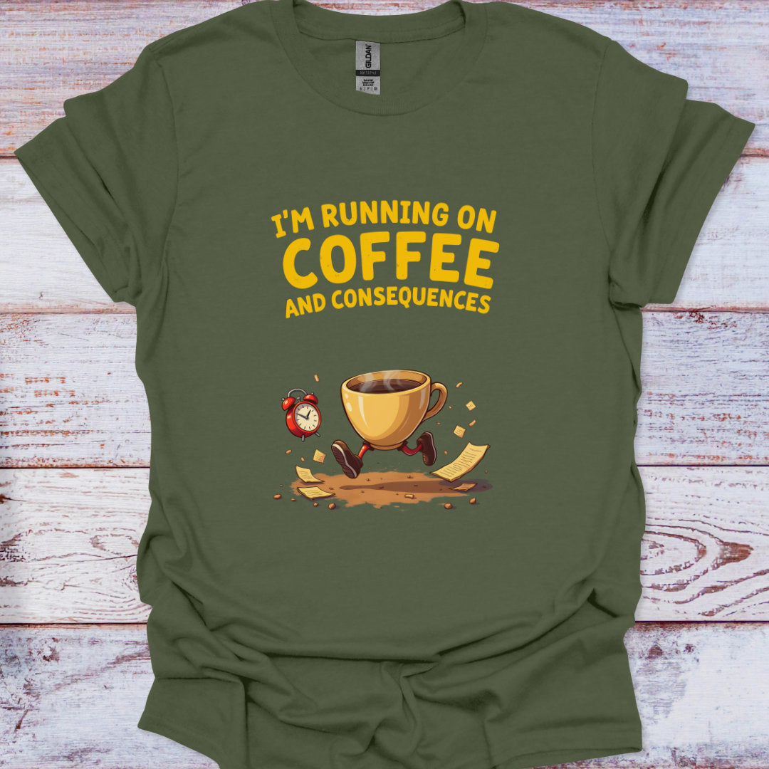 Green t-shirt with a coffee-themed graphic and text on a wooden surface