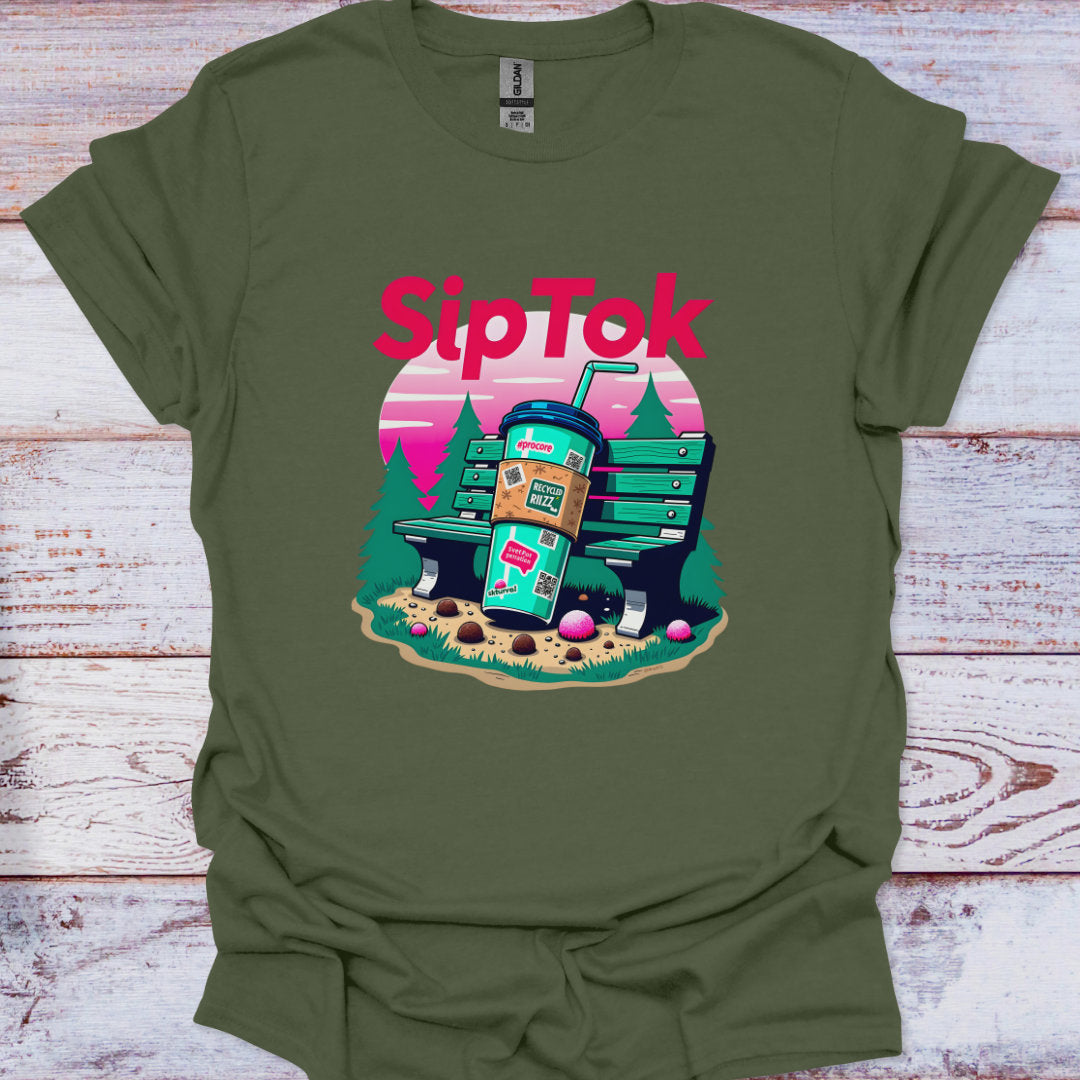 Green t-shirt with 'Sip Tok' graphic design on a wooden surface