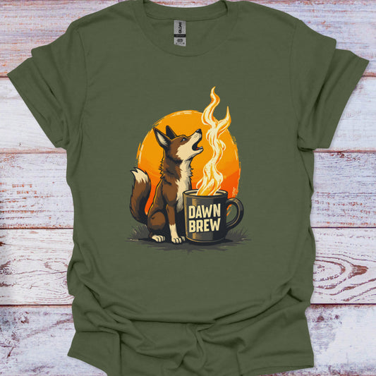 Green t-shirt with a graphic of a dingo next to a mug labeled 'Dawn Brew' on a wooden surface.