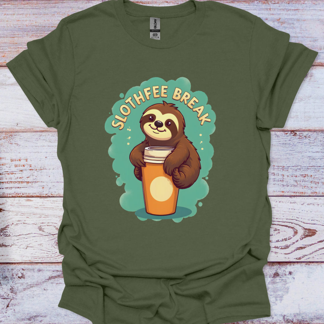 Green t-shirt with a sloth holding a coffee cup graphic and 'Slothfee Break' text on a wooden surface.