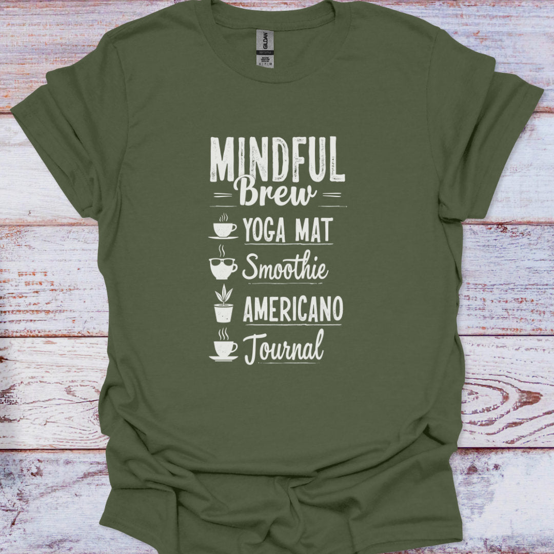 Green t-shirt with white text on a wooden surface