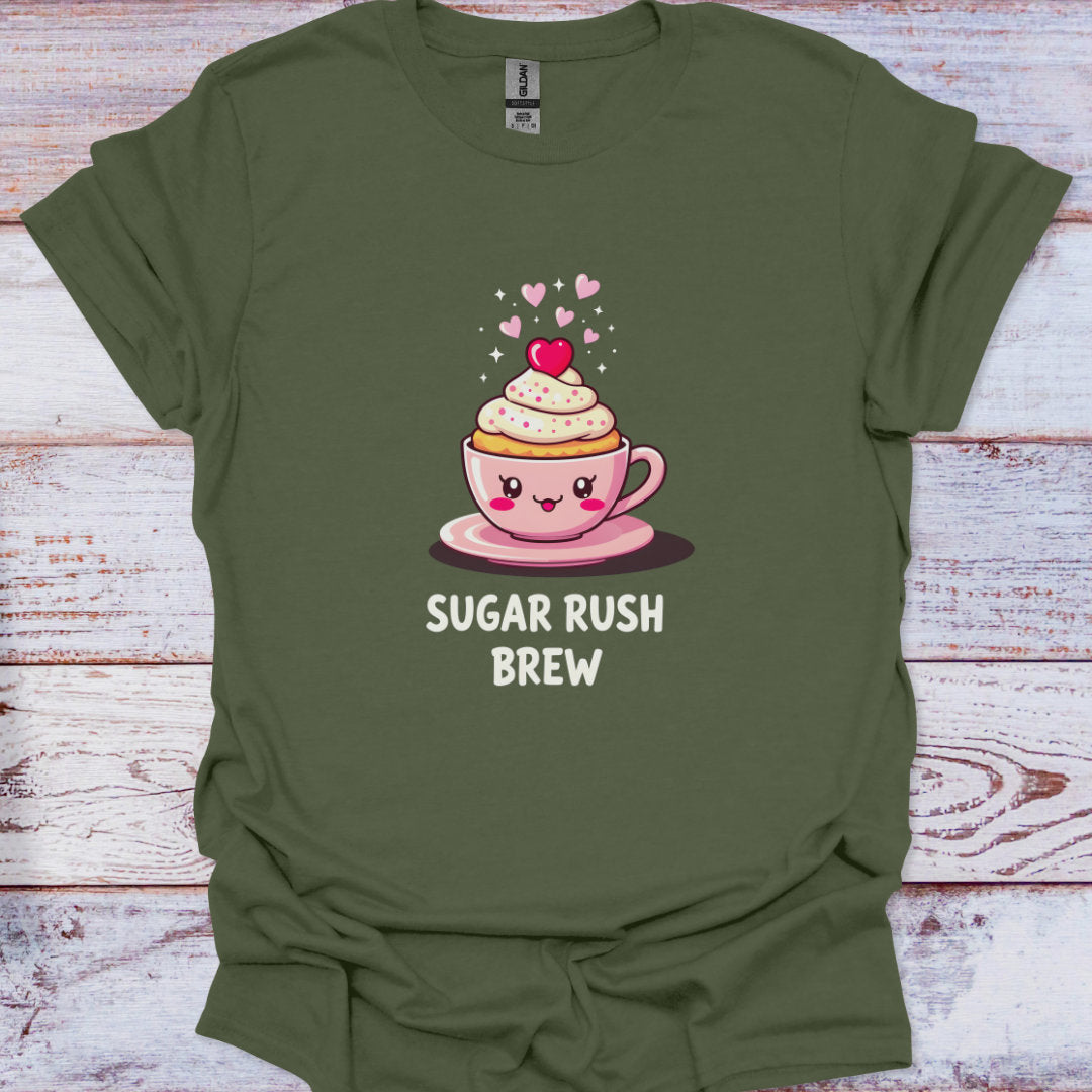 Green t-shirt with a cartoon coffee cup design and 'Sugar Rush Brew' text on a wooden surface.