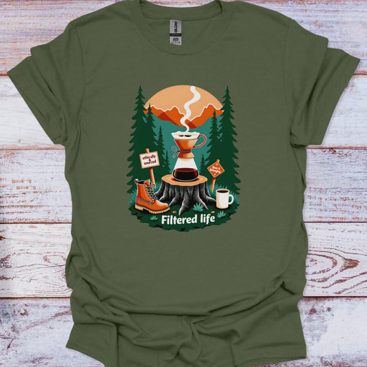 Green t-shirt with a coffee-themed graphic on a wooden surface