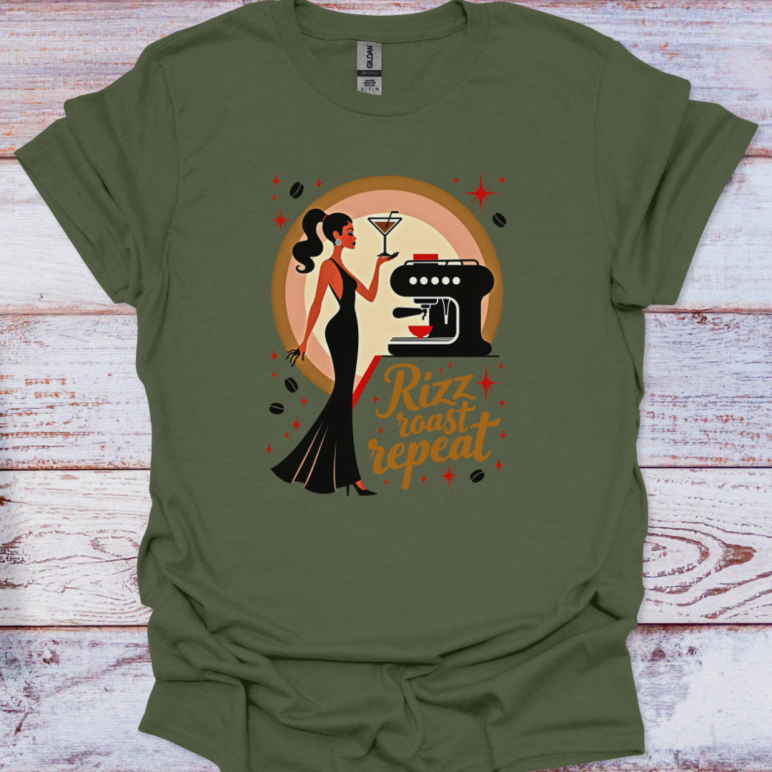 Green t-shirt with a graphic design of a woman, coffee machine, and text 'Rizz roast repeat' on a wooden surface.