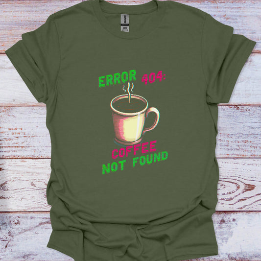 Green t-shirt with a coffee cup graphic and text on a wooden surface