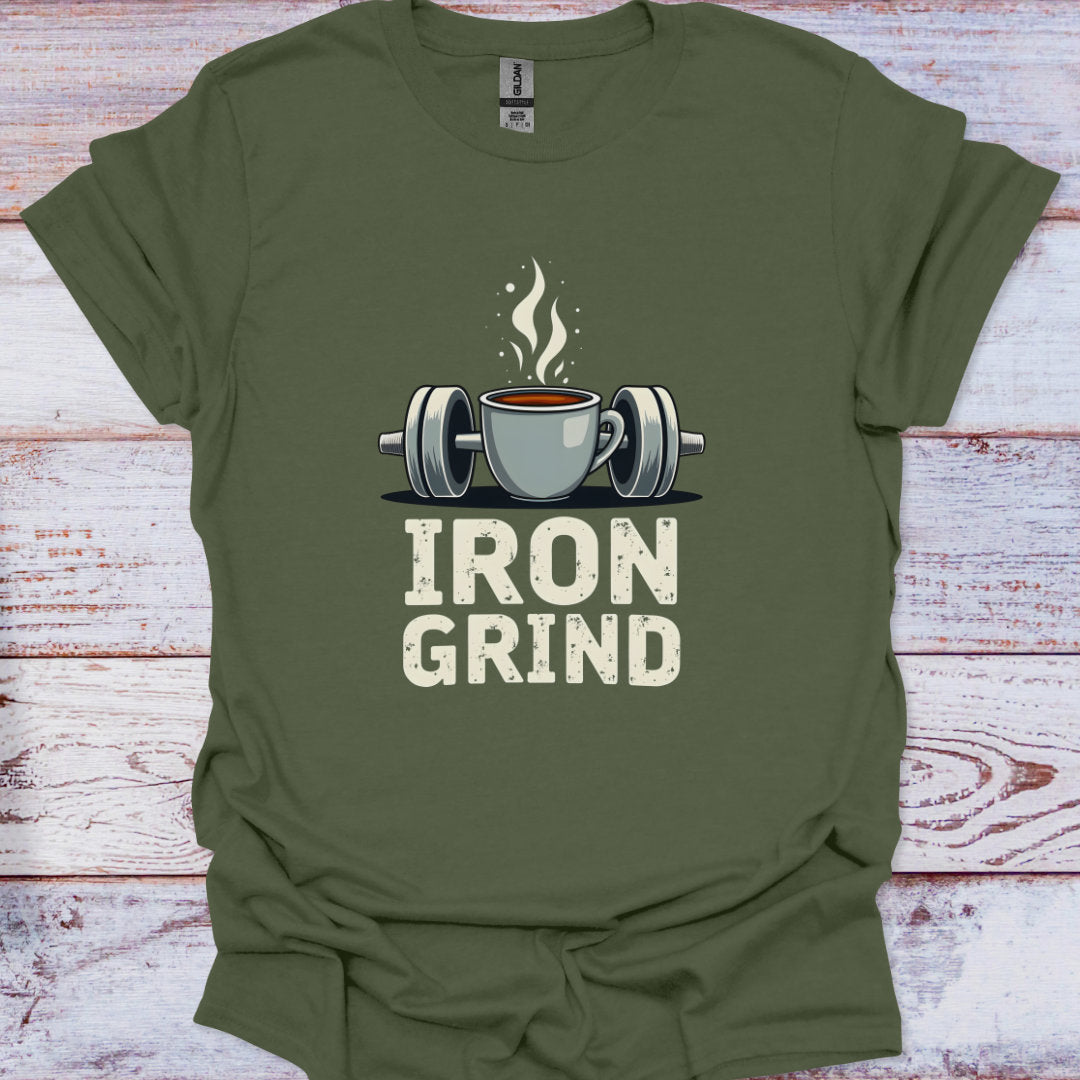 Green t-shirt with 'Iron Grind' graphic design featuring a coffee cup and barbell on a wooden surface.