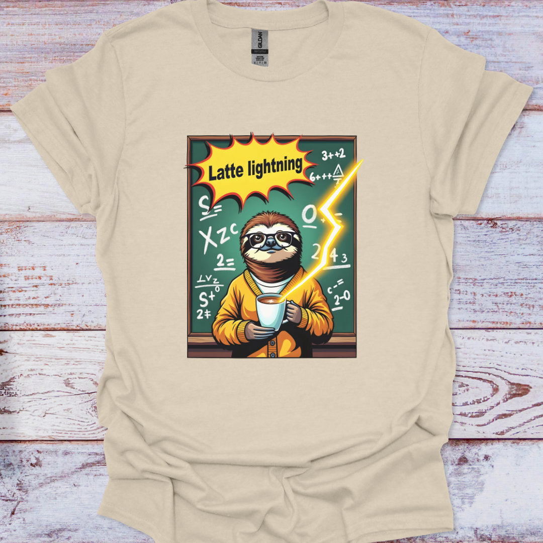 Beige t-shirt with a sloth holding a cup and 'Latte lightning' text on a chalkboard background.