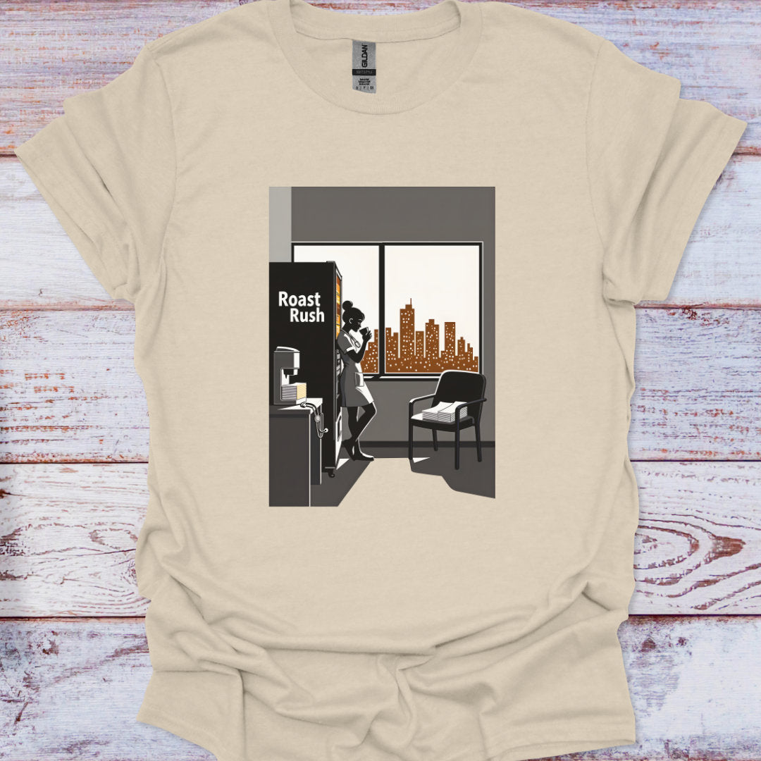 Beige t-shirt with a graphic design of a person looking out a window at a cityscape.