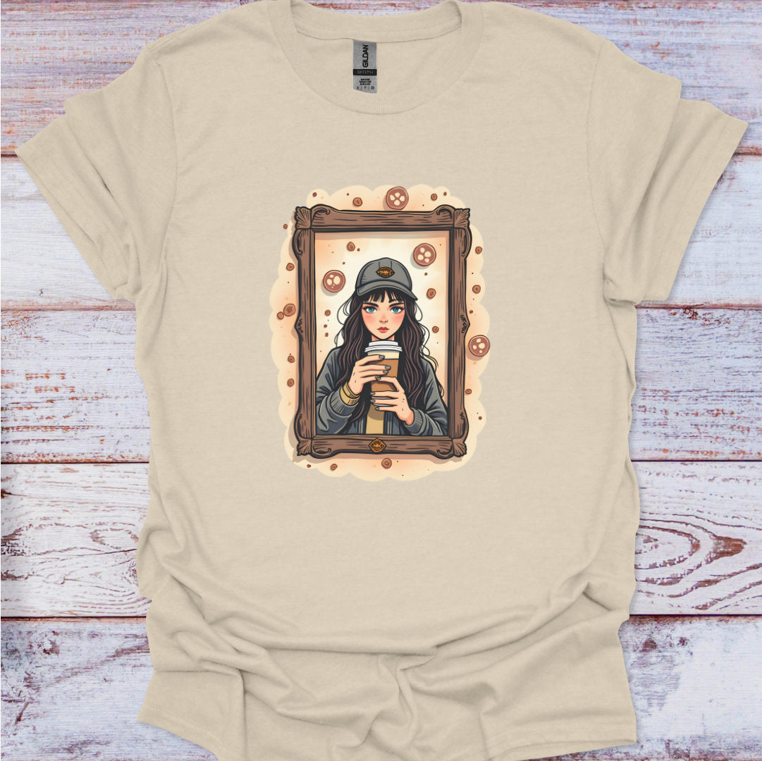 Beige t-shirt with a graphic of a person holding a coffee cup on a wooden surface