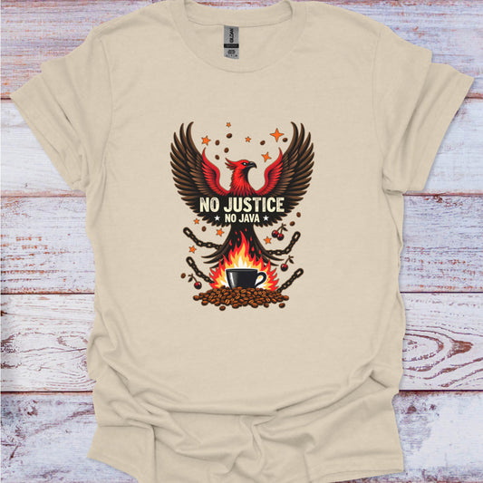 Beige t-shirt with 'No Justice No Java' graphic design on a wooden surface