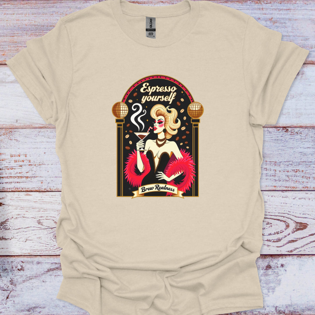 Beige t-shirt with a graphic design of a woman and text 'Expresso yourself' on a wooden surface.