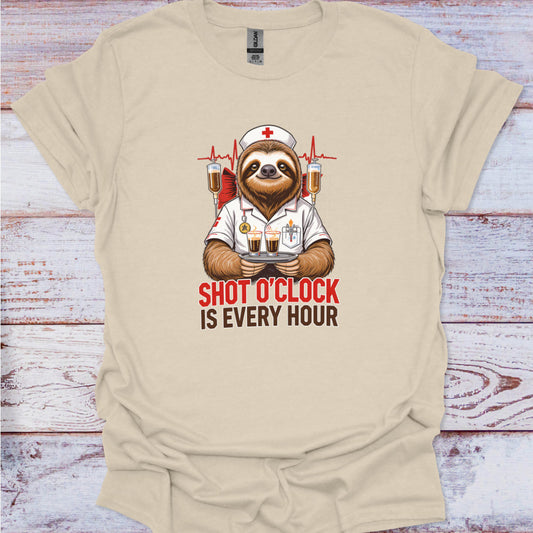 Beige t-shirt with a sloth in a nurse's outfit holding drinks on a wooden surface