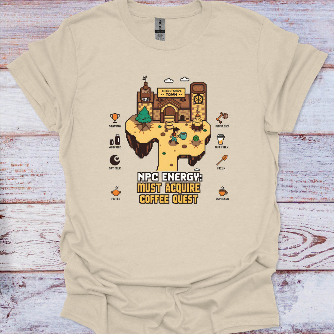 Beige t-shirt with a graphic design on a wooden surface