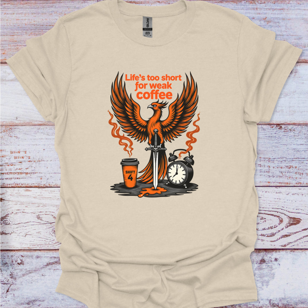 Beige t-shirt with a phoenix design and text on a wooden surface