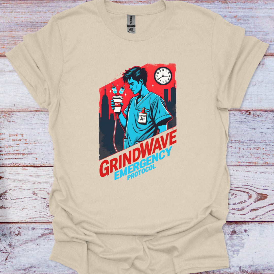 Beige t-shirt with a graphic design featuring a person, clock, and text on a wooden surface.