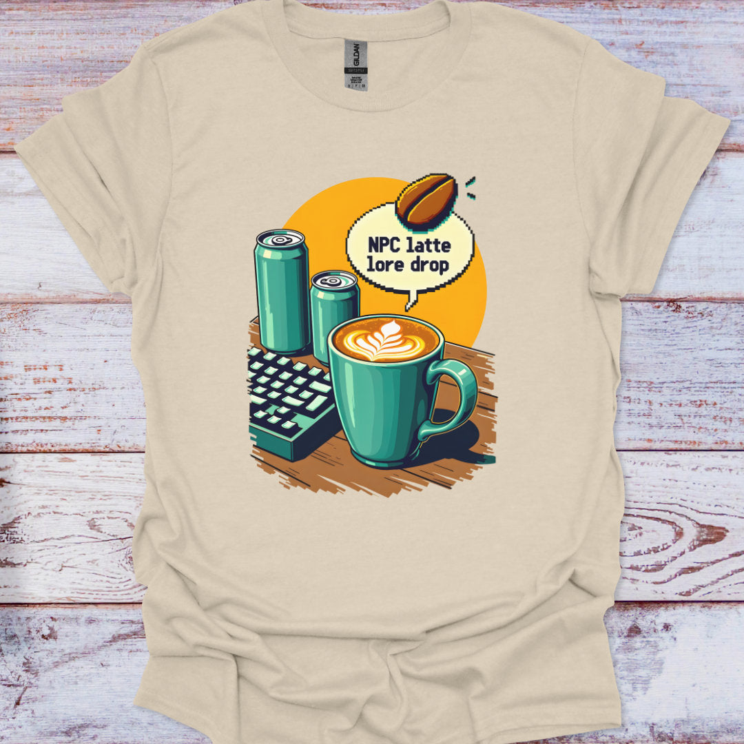 Beige t-shirt with a graphic of a coffee cup and cans on a wooden surface