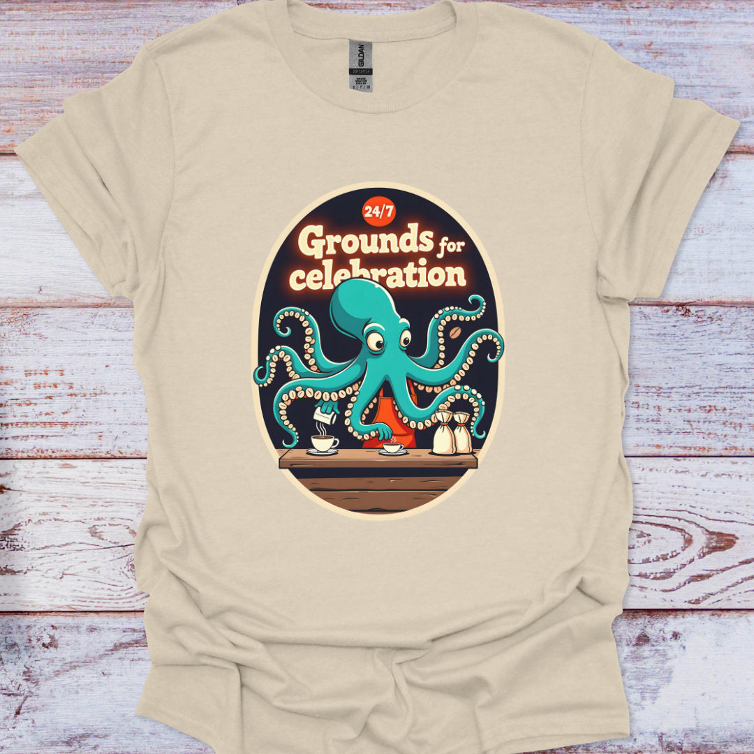 Beige t-shirt with a colorful octopus graphic and text on a wooden surface