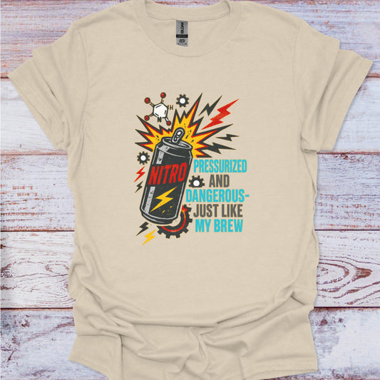 Beige t-shirt with a colorful graphic design on a wooden surface