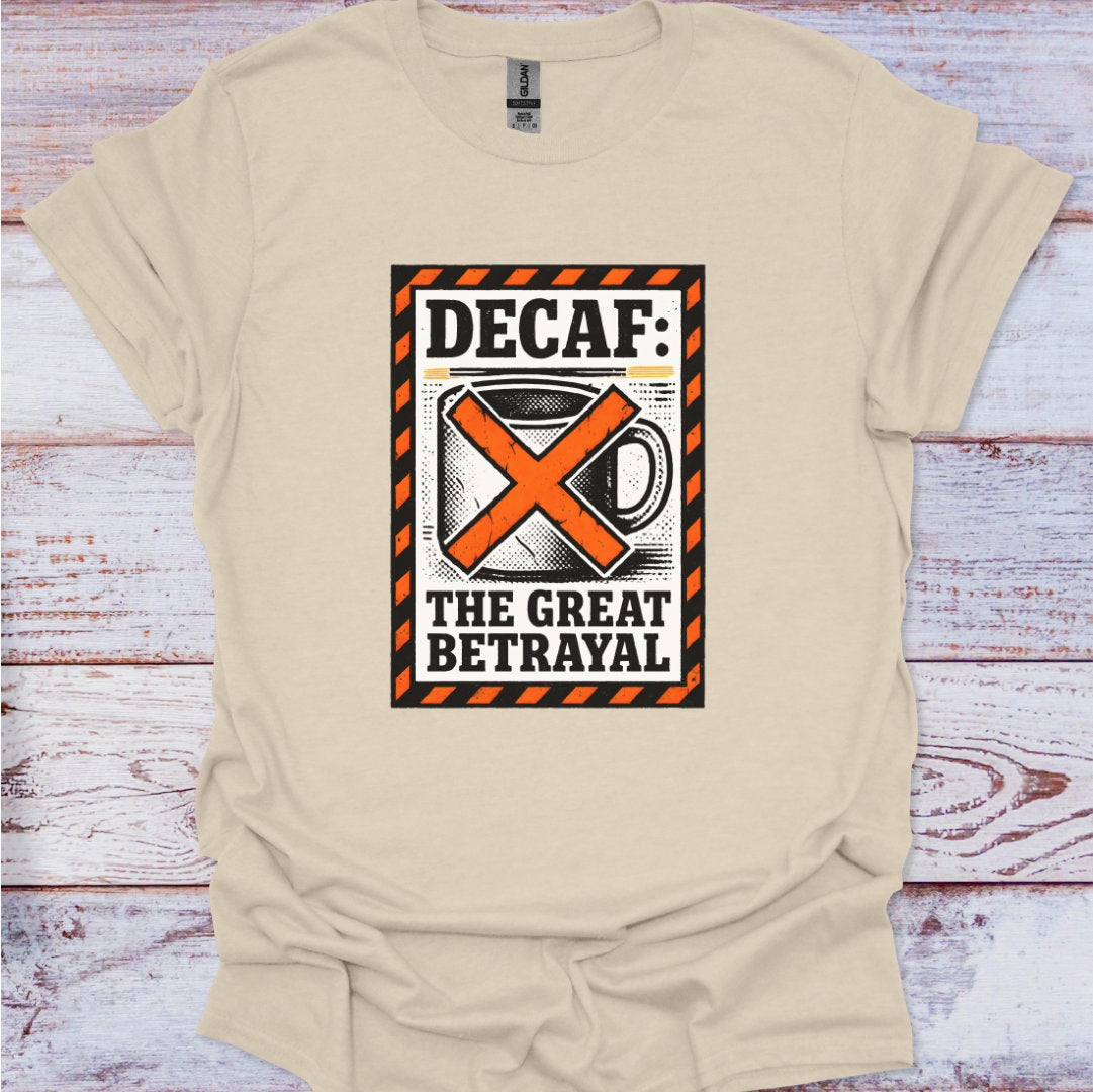 Beige t-shirt with a graphic design on a wooden surface
