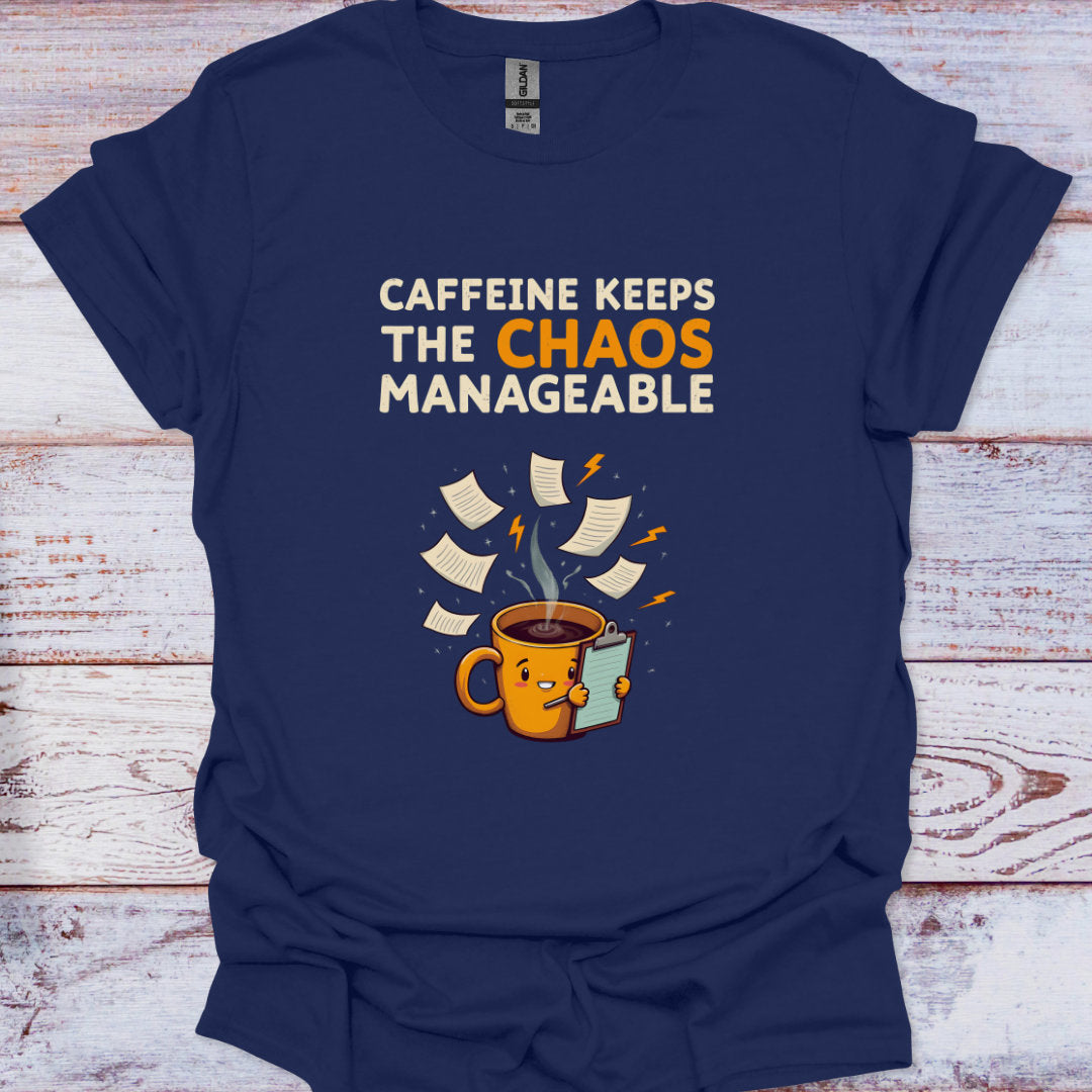 Navy blue t-shirt with a coffee cup graphic and text on a wooden surface