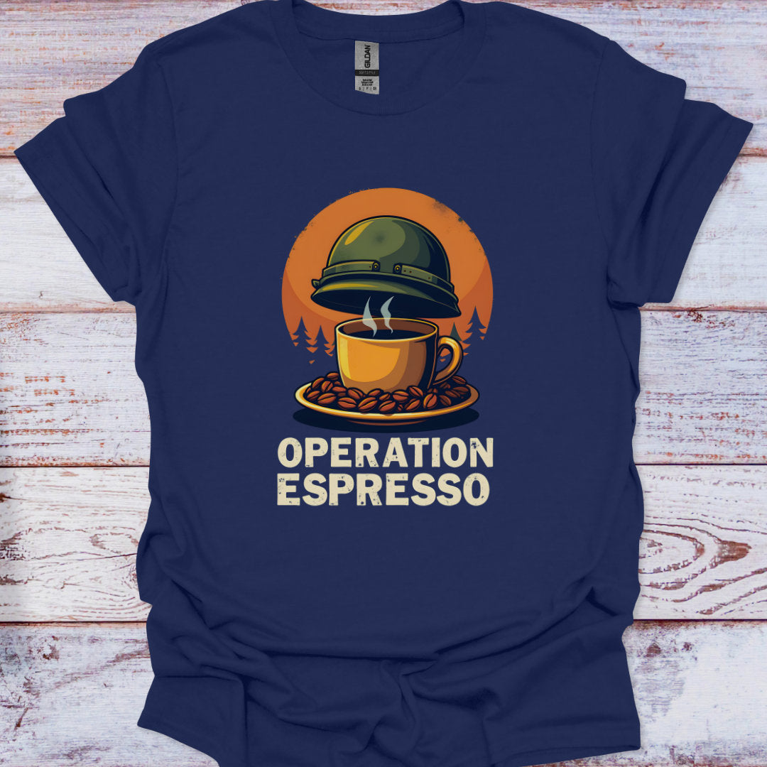 Navy blue t-shirt with 'Operation Espresso' graphic on a wooden surface