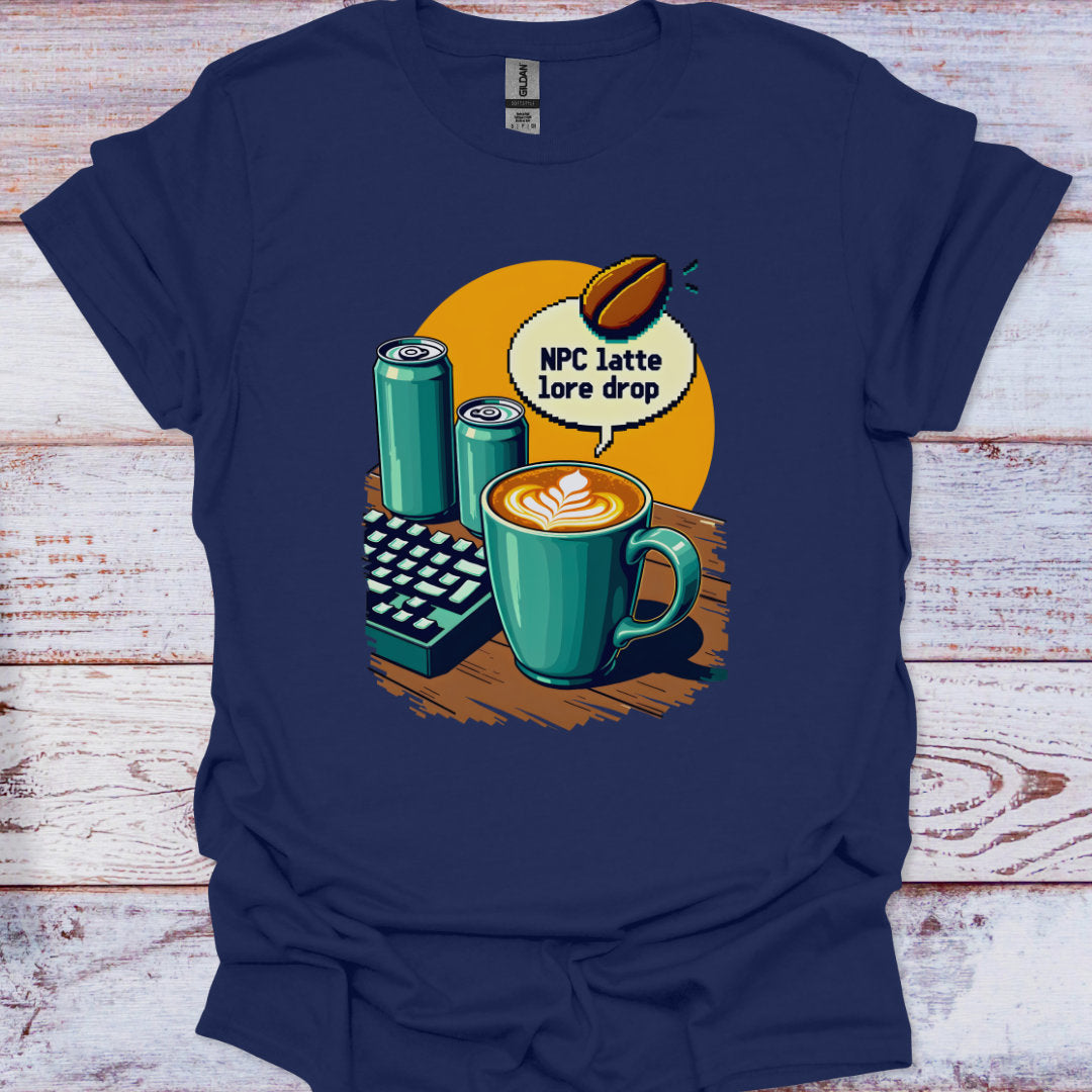 Navy blue t-shirt with a coffee-themed graphic on a wooden surface