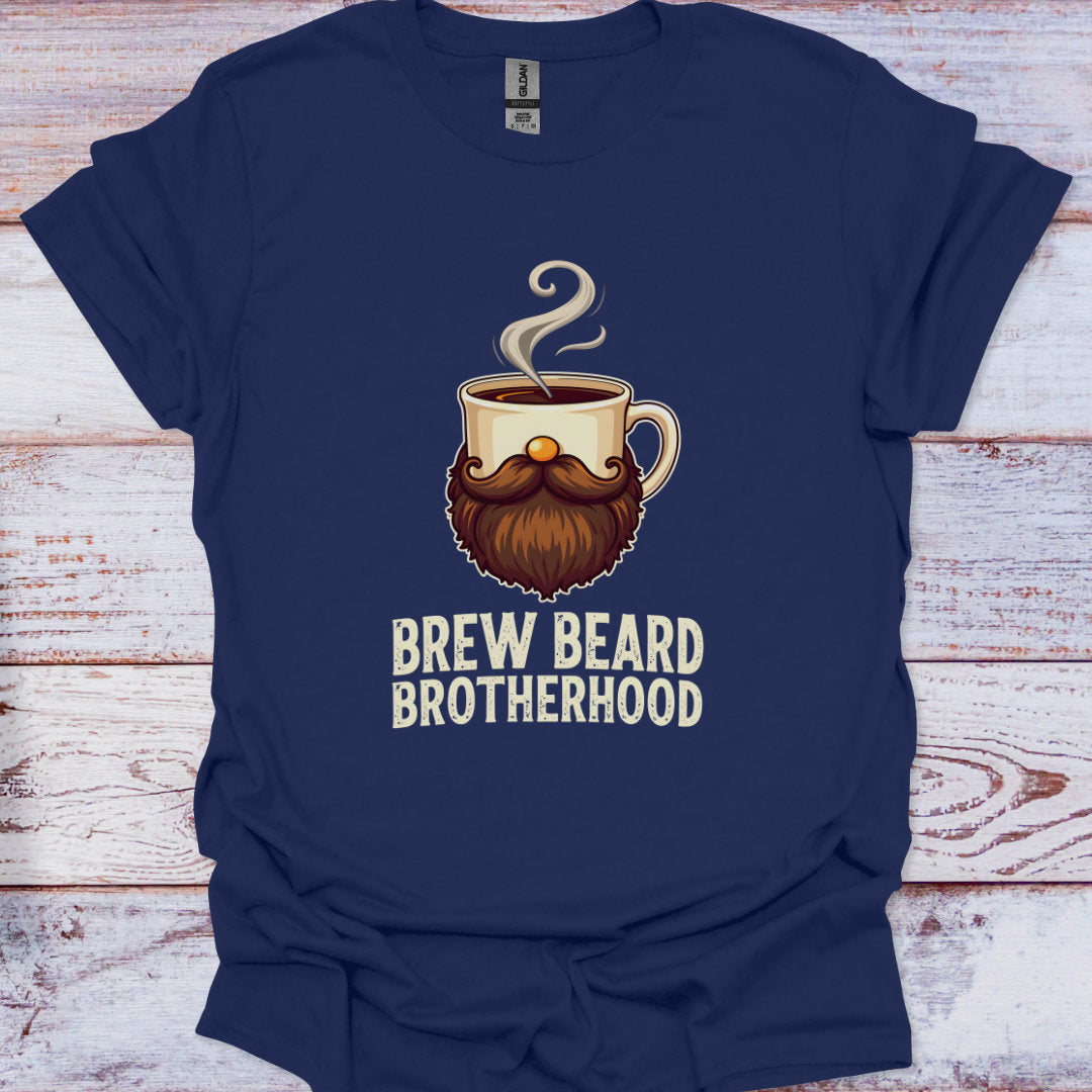Navy blue t-shirt with a graphic of a coffee cup with a beard and the text 'Brew Beard Brotherhood' on a wooden surface.