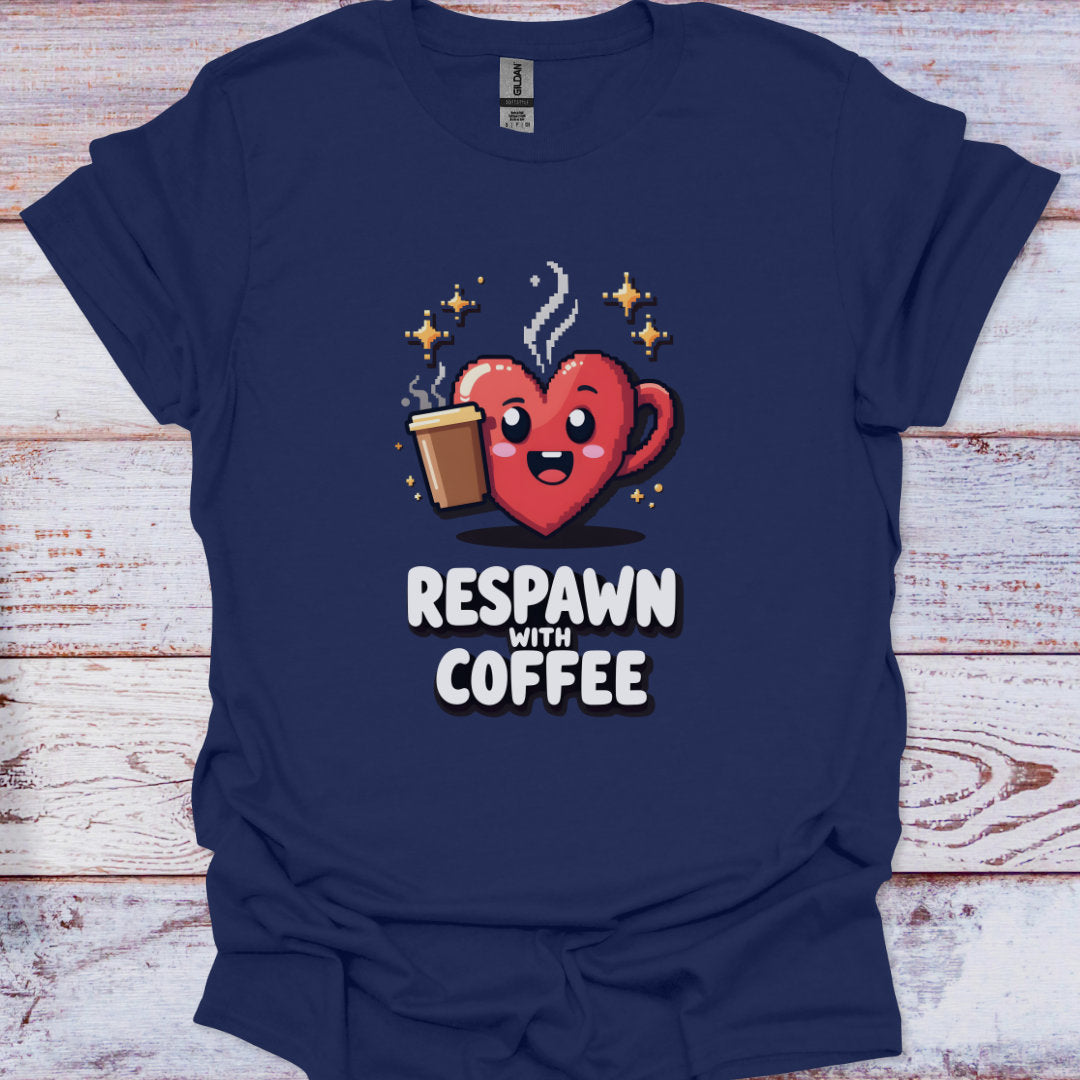 Navy blue t-shirt with a heart-shaped coffee cup and text 'Respawn with Coffee' on a wooden surface.