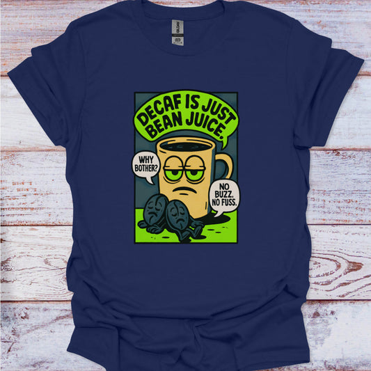 Navy blue t-shirt with a graphic of a coffee cup and text on a wooden surface