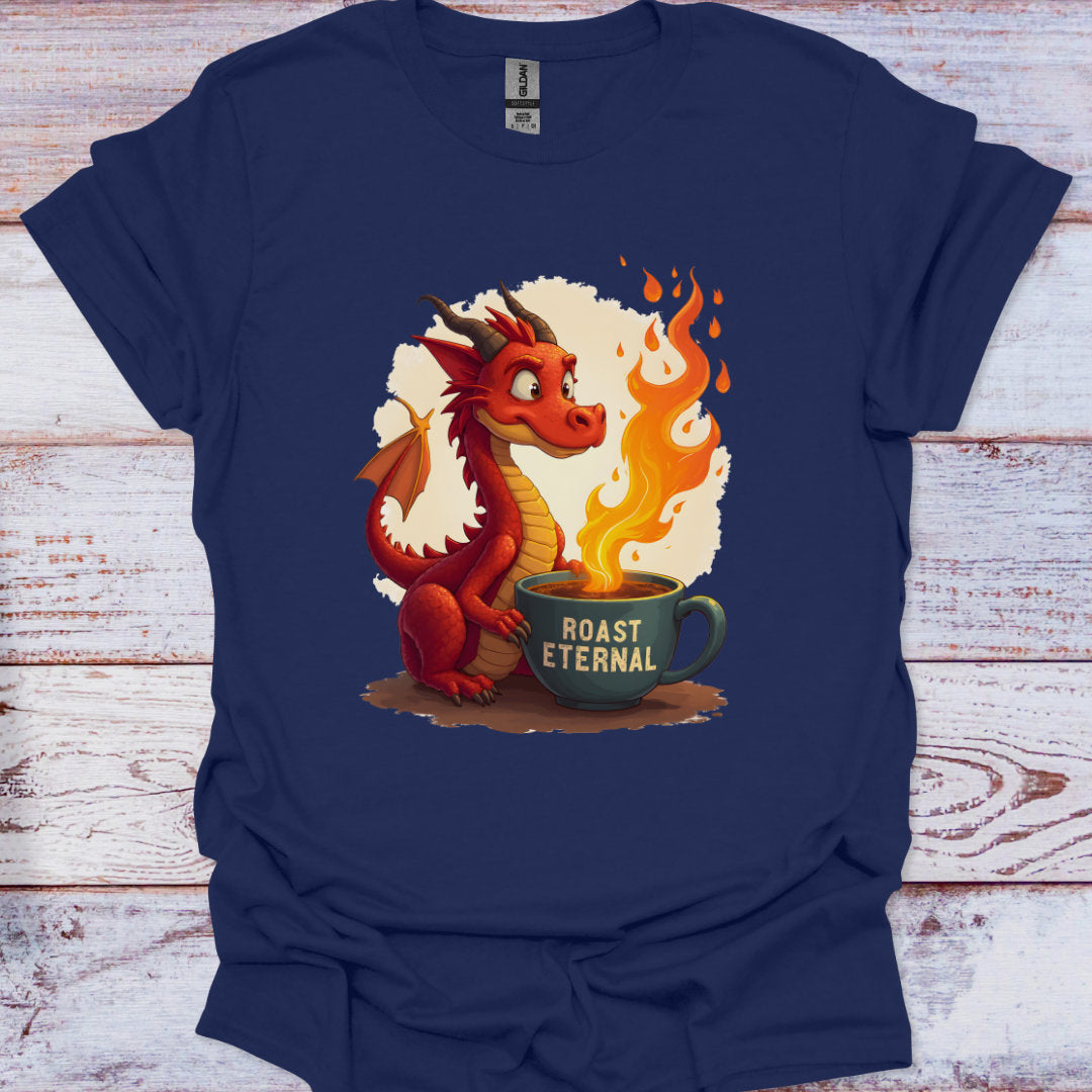 Navy blue t-shirt with a dragon and coffee cup graphic on a wooden surface
