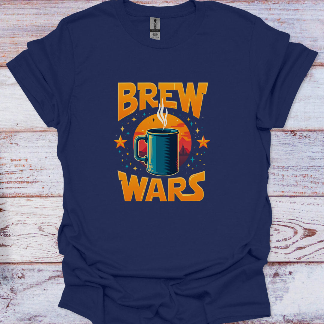 Navy blue t-shirt with 'Brew Wars' graphic on a wooden surface