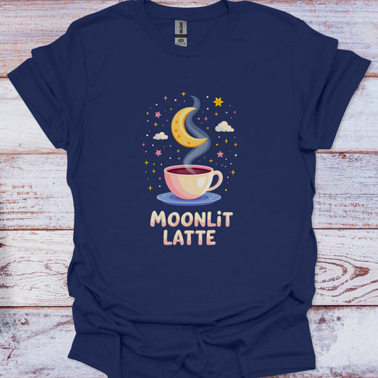 Navy blue t-shirt with 'Moonlit Latte' design featuring a cup of coffee, moon, and stars on a wooden surface.
