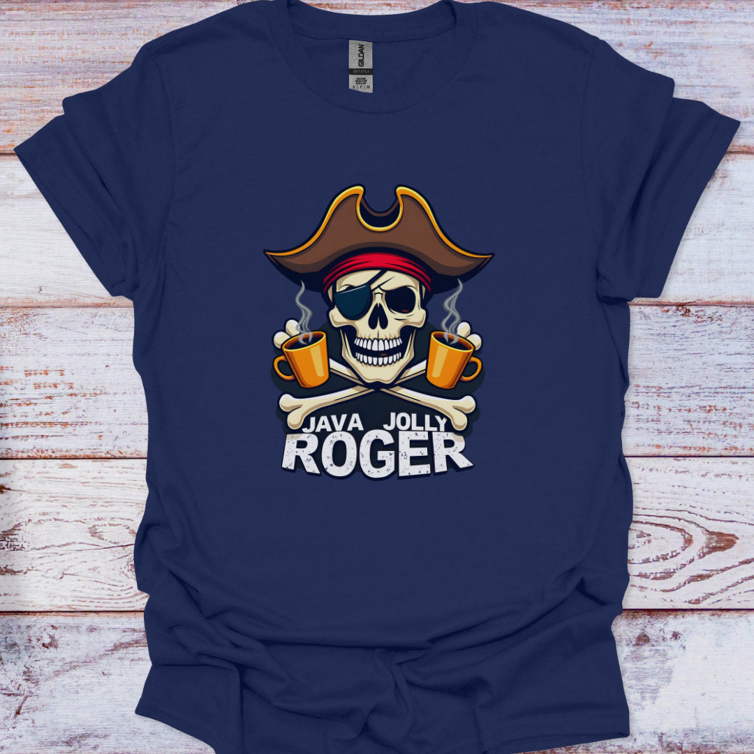 Navy blue t-shirt with a pirate-themed design on a wooden surface