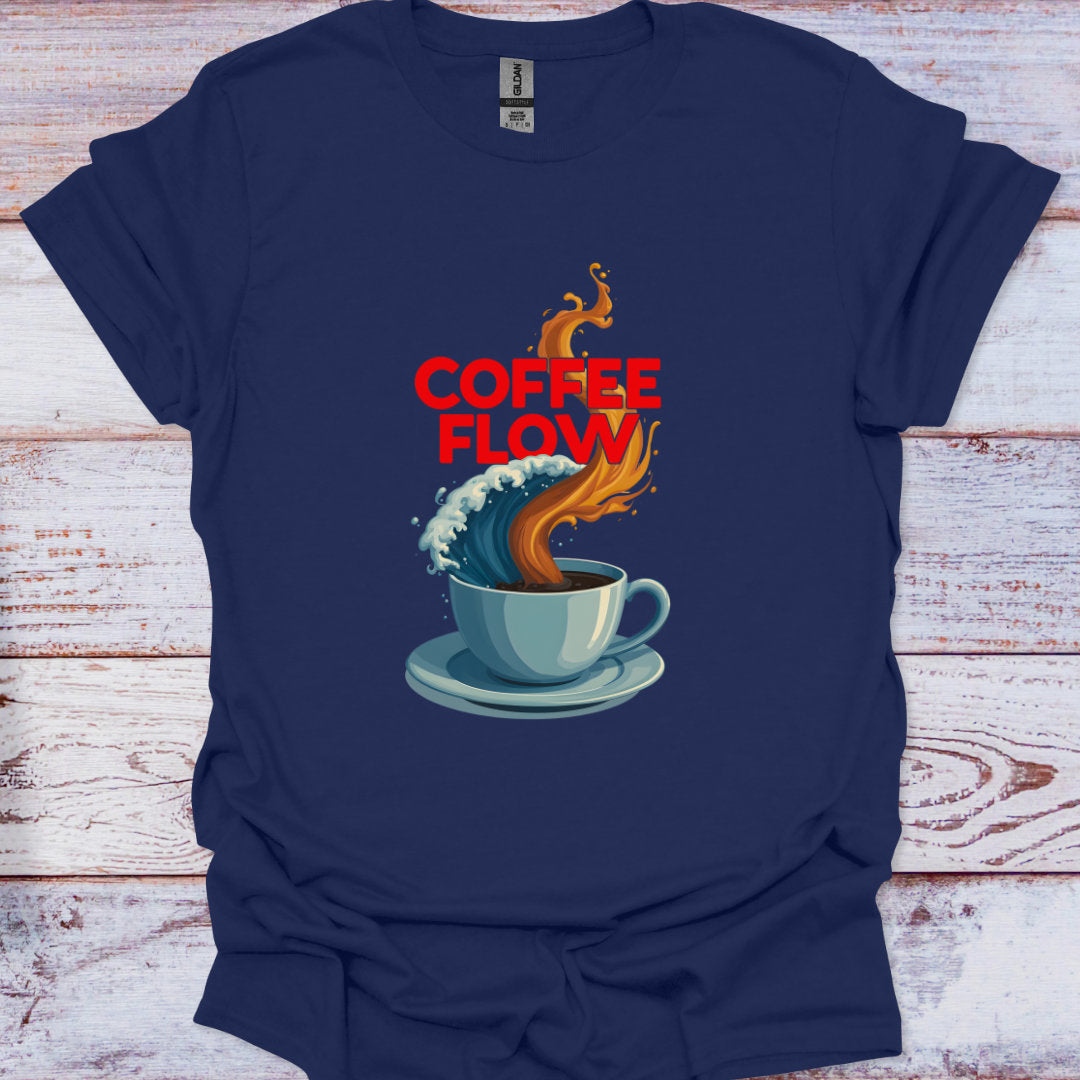 Navy blue t-shirt with a graphic of a coffee cup and flames labeled 'Coffee Flow' on a wooden surface.