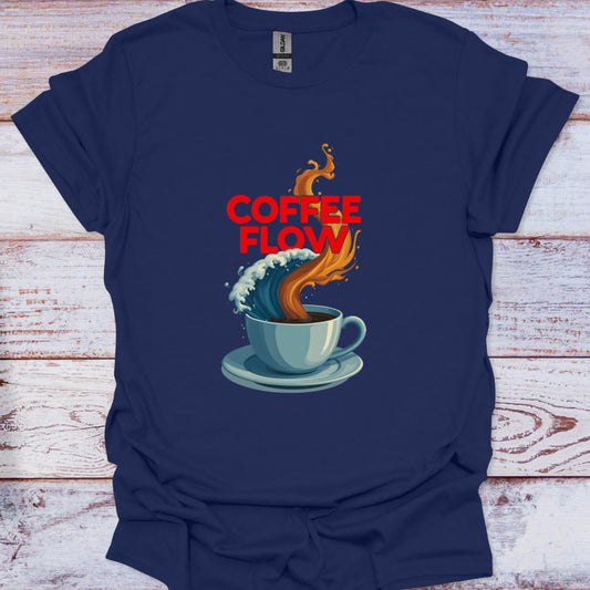 Navy blue t-shirt with a graphic of a coffee cup and flames labeled 'Coffee Flow' on a wooden surface.