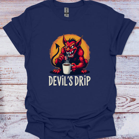 Navy blue t-shirt with a devil holding a coffee cup and 'DEVIL'S DRIP' text on a wooden surface.