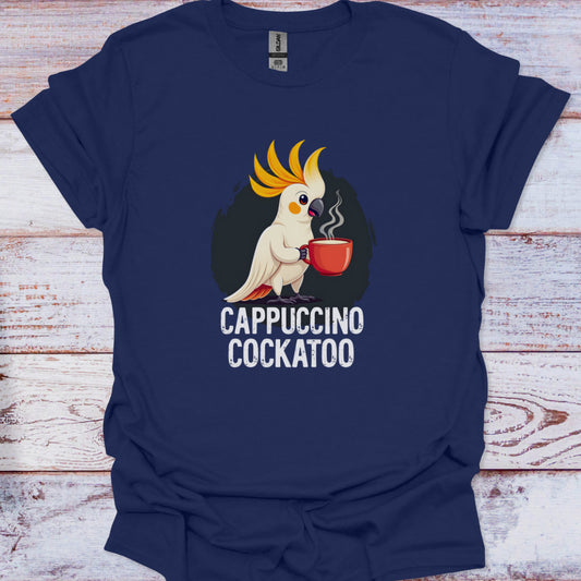Navy blue t-shirt with a cockatoo holding a cup of coffee and 'Cappuccino Cockatoo' text on a wooden surface.