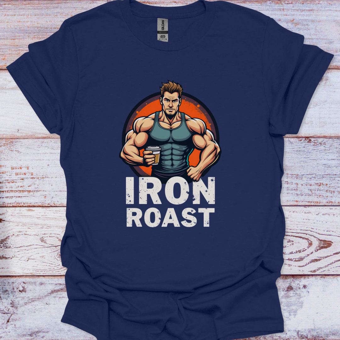 Navy blue t-shirt with a graphic of a muscular man and 'IRON ROAST' text on a wooden surface.
