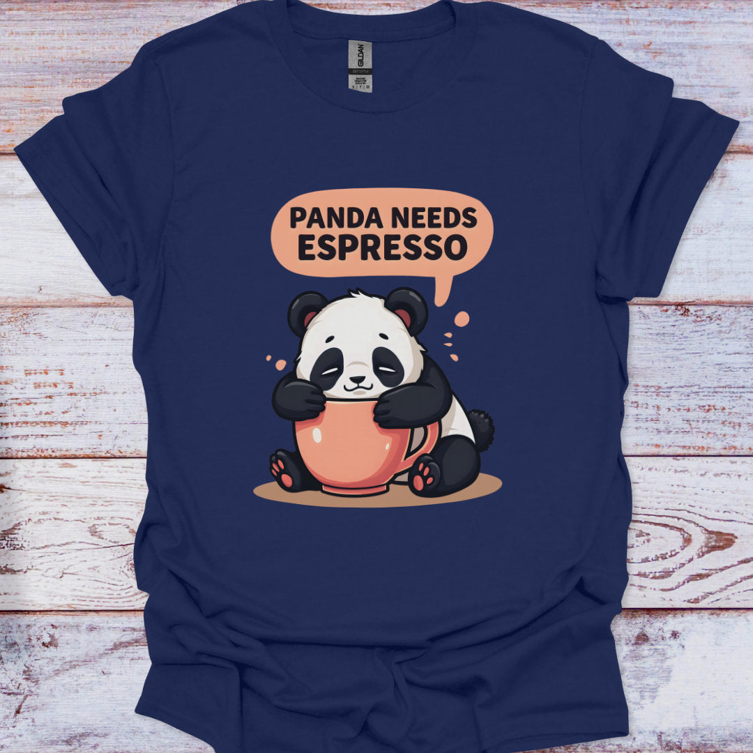 Navy blue t-shirt with a panda holding an espresso cup and speech bubble saying 'Panda Needs Espresso' on a wooden surface.