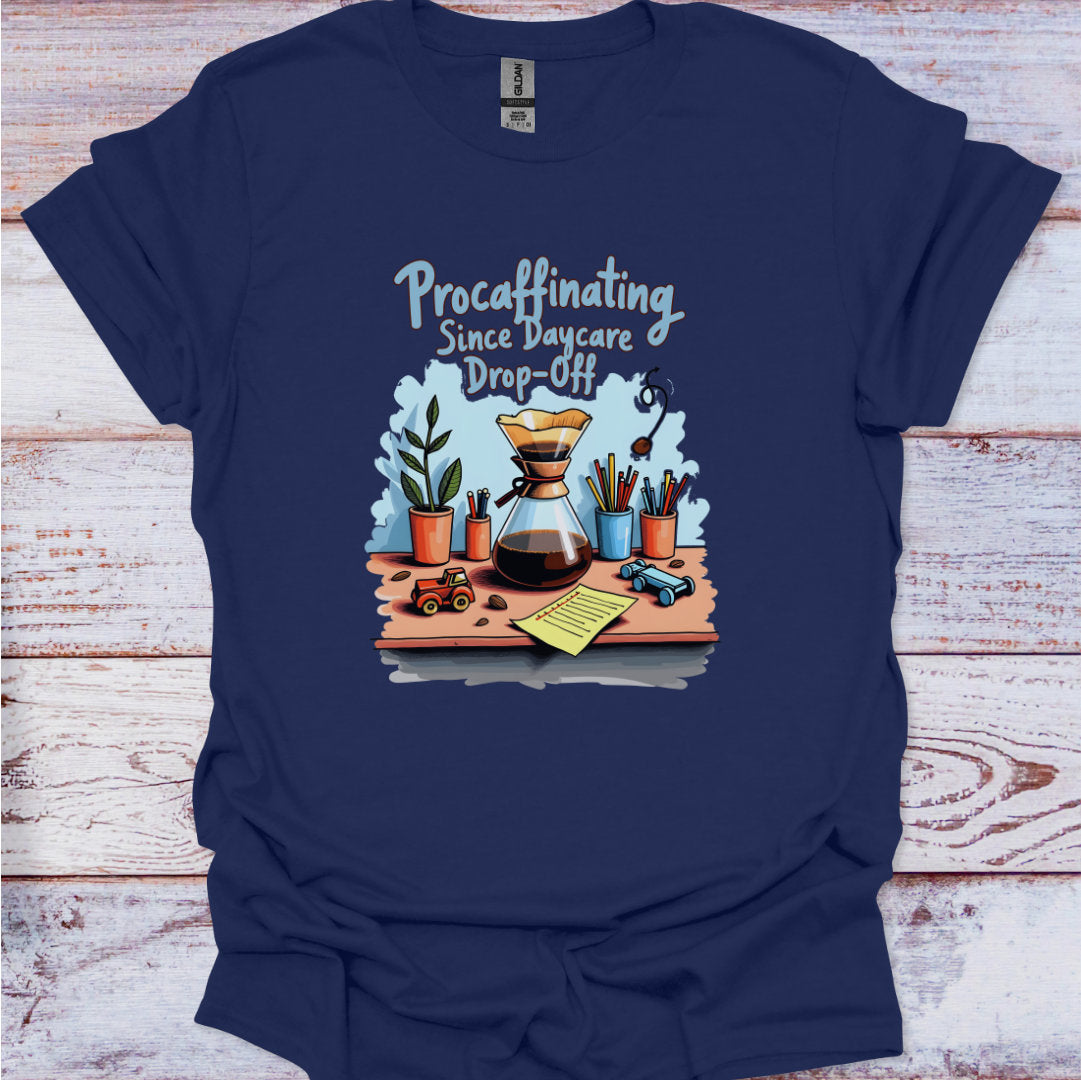 Navy blue t-shirt with a graphic design on a wooden surface