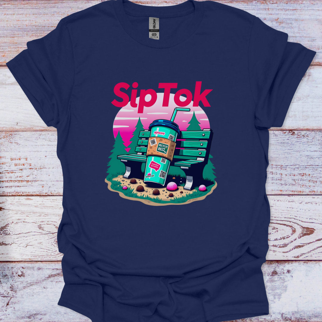 Navy blue t-shirt with 'Sip Tok' graphic design on a wooden surface