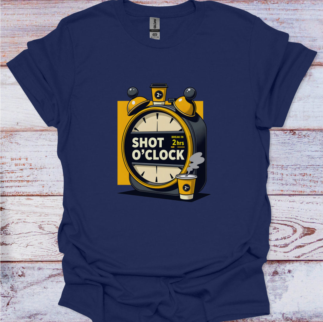 Navy blue t-shirt with a graphic design of an alarm clock and shot glass on a wooden surface